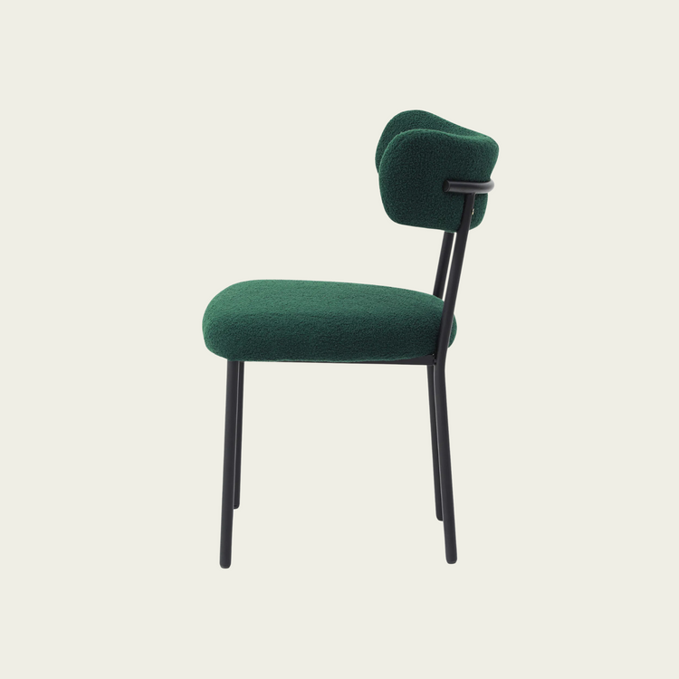 Set of 2 Mid-century modern green sherpa chairs | curved backrest round seating & black metal legs