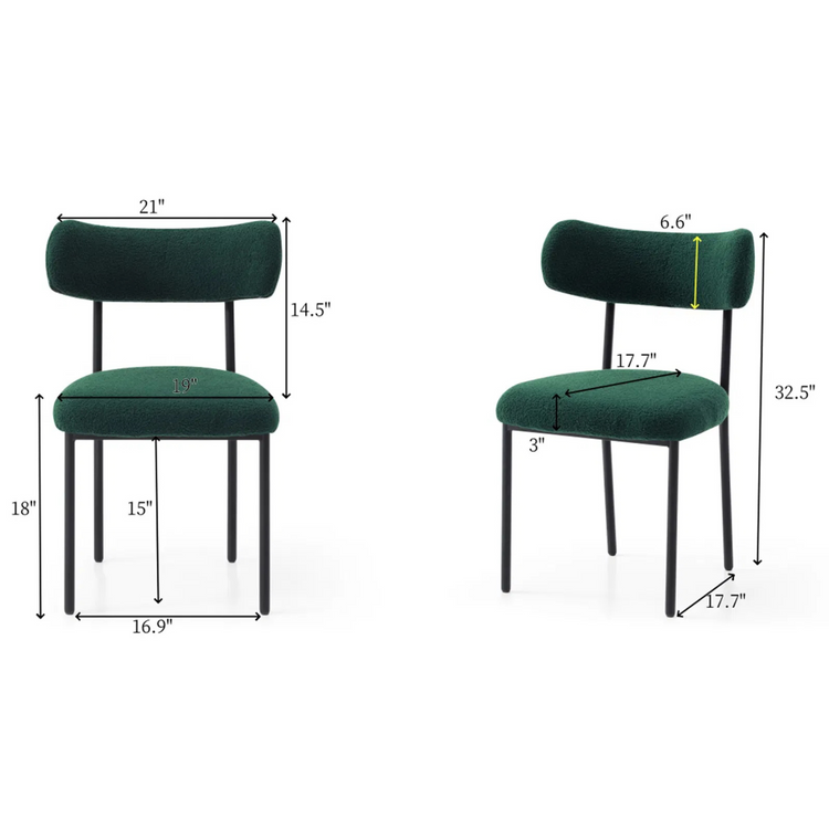 Set of 2 Mid-century modern green sherpa chairs | curved backrest round seating & black metal legs