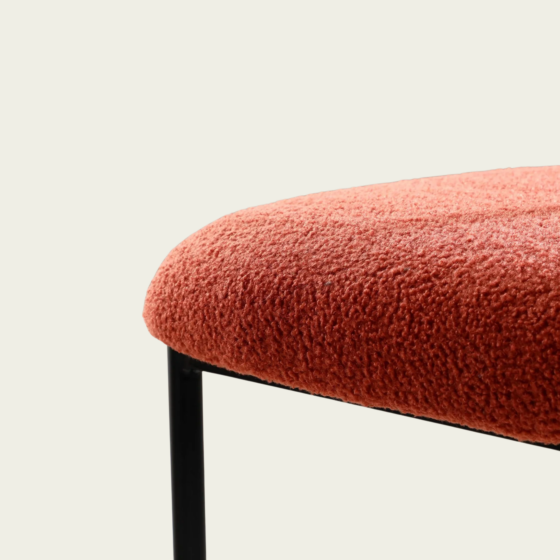 Set of 2 Mid-century modern orange sherpa chairs | curved backrest round seating & black metal legs
