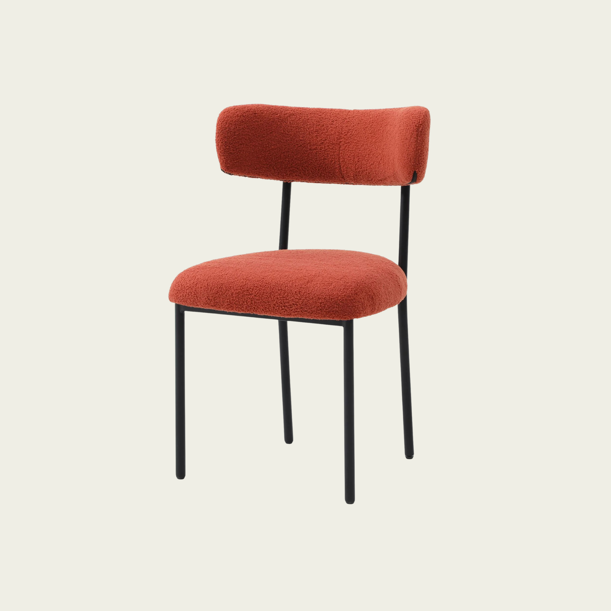 Set of 2 Mid-century modern orange sherpa chairs | curved backrest round seating & black metal legs