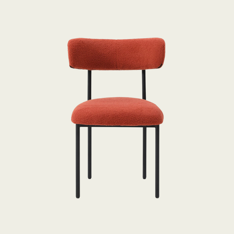 Set of 2 Mid-century modern orange sherpa chairs | curved backrest round seating & black metal legs