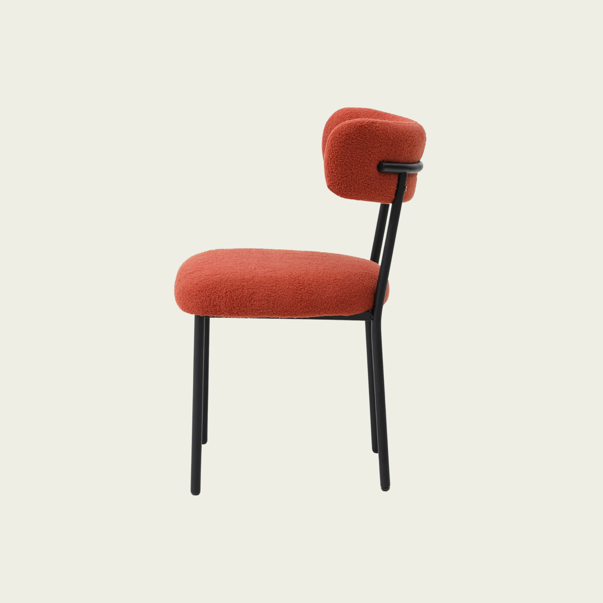 Set of 2 Mid-century modern orange sherpa chairs | curved backrest round seating & black metal legs