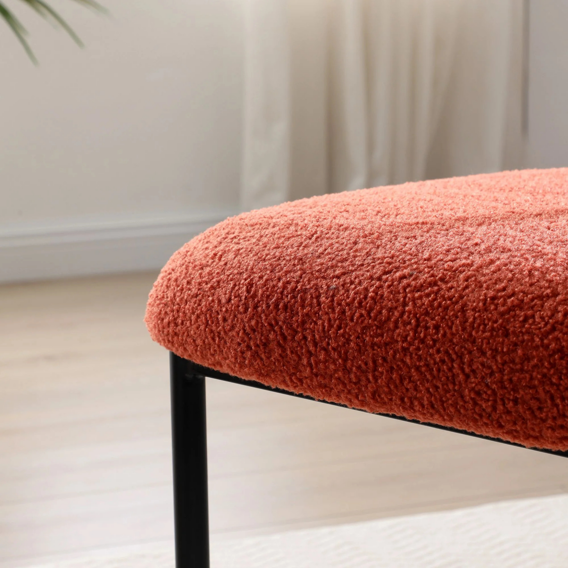Set of 2 Mid-century modern orange sherpa chairs | curved backrest round seating & black metal legs