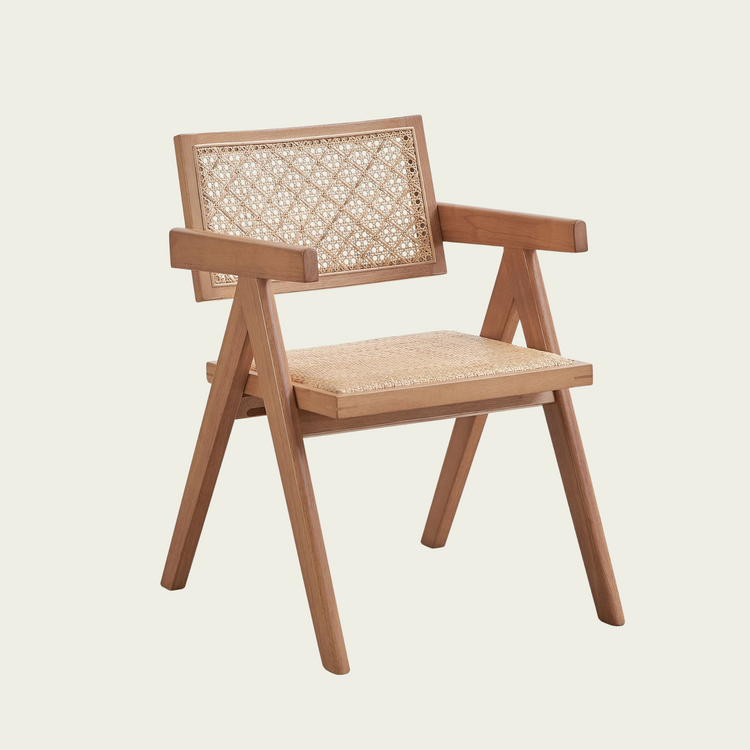 Set of 2 Mid-century modern wood armchairs | rattan seat and back cushions 00