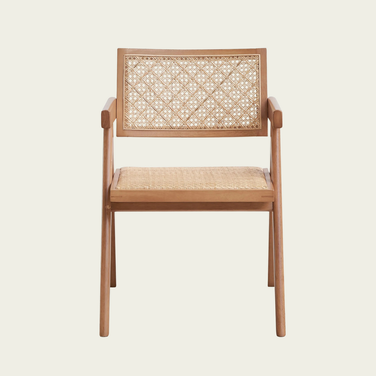 Set of 2 Mid-century modern wood armchairs | rattan seat and back cushions 11