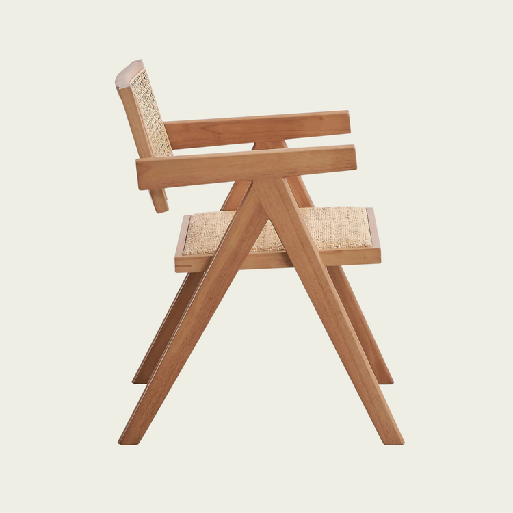 Set of 2 Mid-century modern wood armchairs | rattan seat and back cushions 22