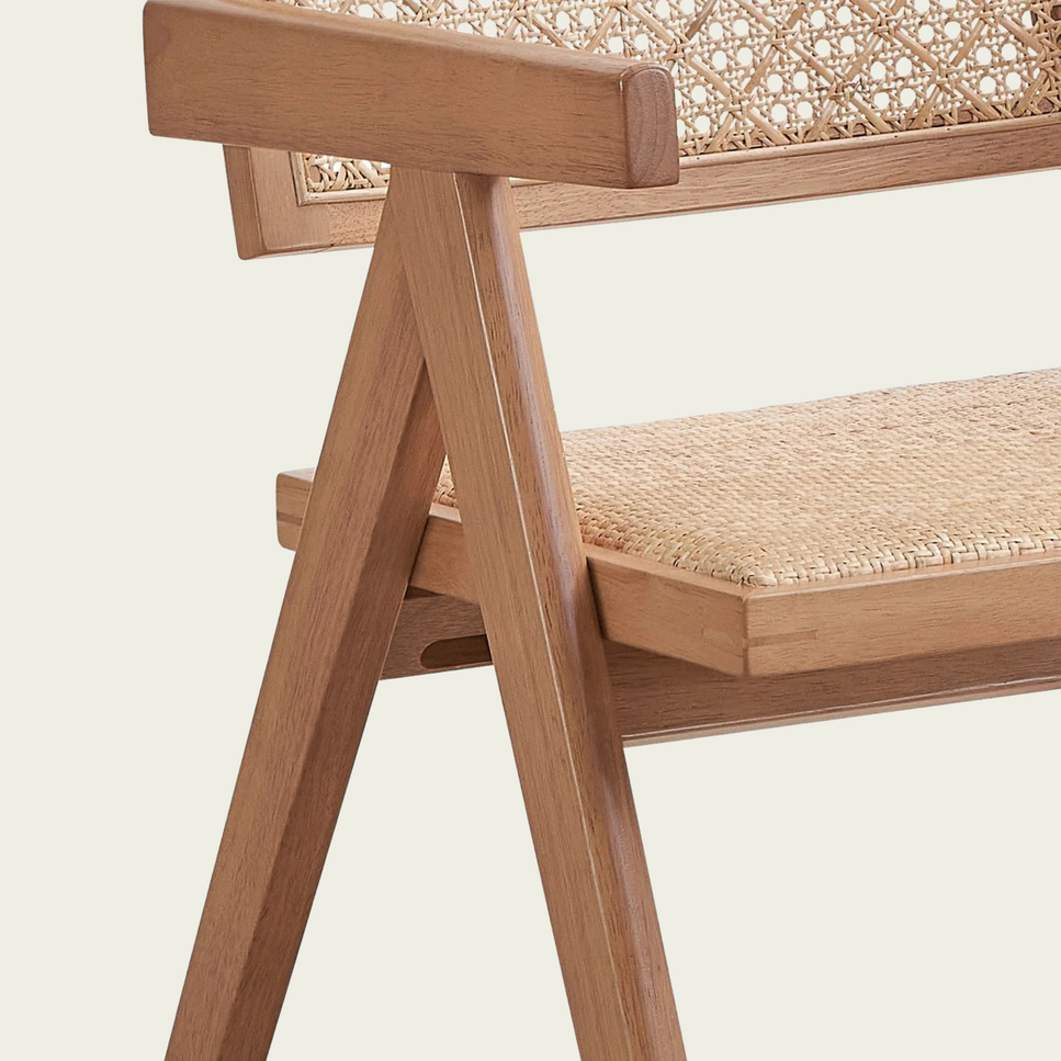 Set of 2 Mid-century modern wood armchairs | rattan seat and back cushions 44