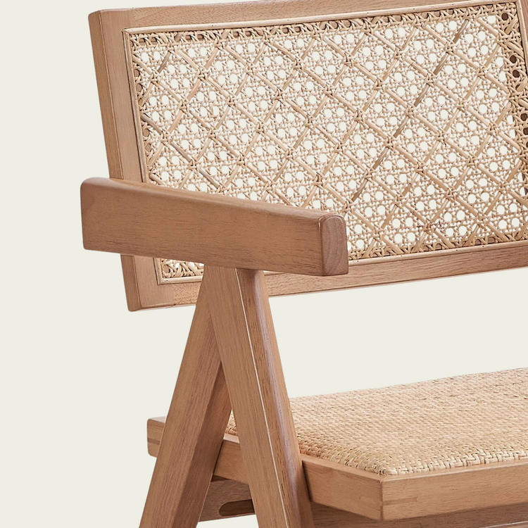 Set of 2 Mid-century modern wood armchairs | rattan seat and back cushions 55