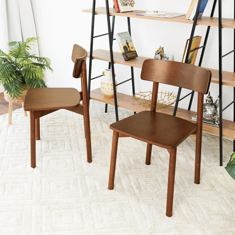 Set of 2 Mid century Modern open back square seat chairs | Brown wallnut wood frame