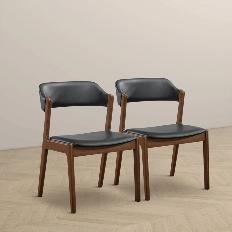 Set of 2 Mid century Modern open back square seat chairs | Wood frame & Black leather upholstery