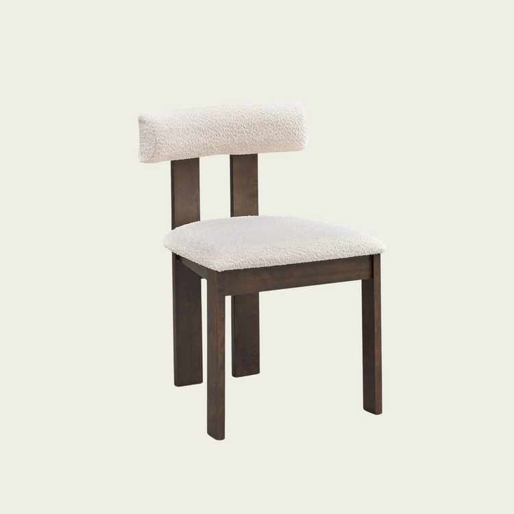 Set of 2 Mid century modern open back wood chairs | Boucle Upholstered Back and seat cushions 00