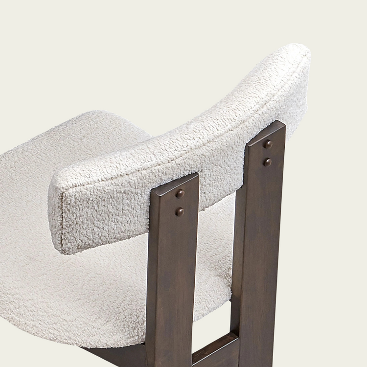 Set of 2 Mid century modern open back wood chairs | Boucle Upholstered Back and seat cushions