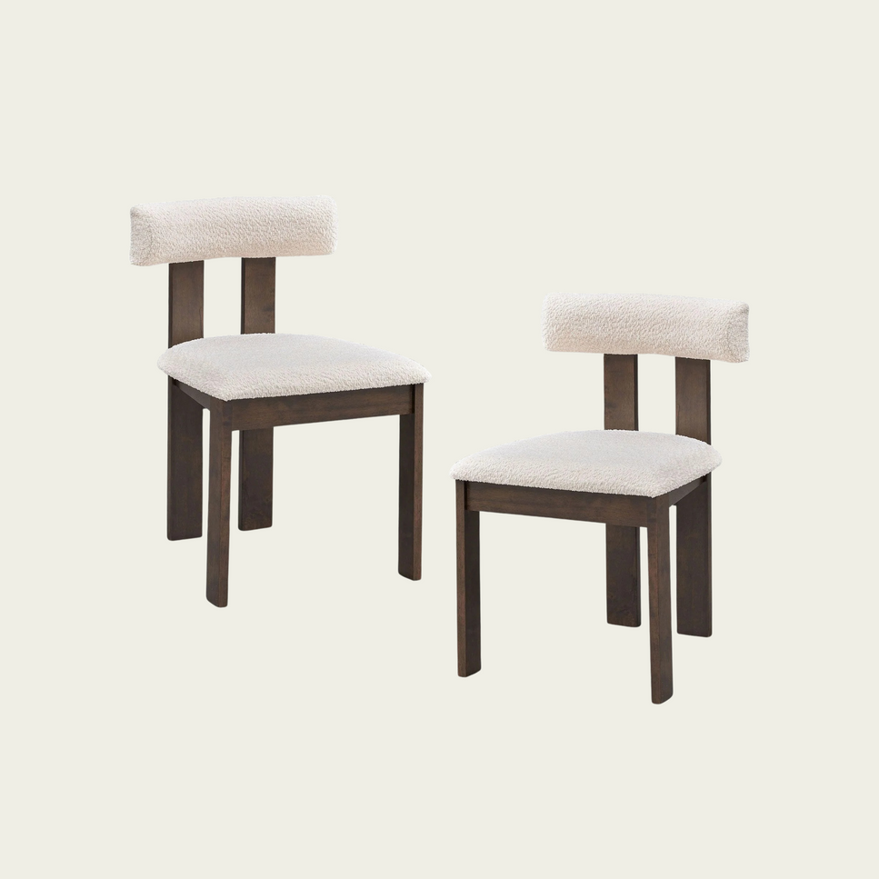 Set of 2 Mid century modern open back wood chairs | Boucle Upholstered Back and seat cushions