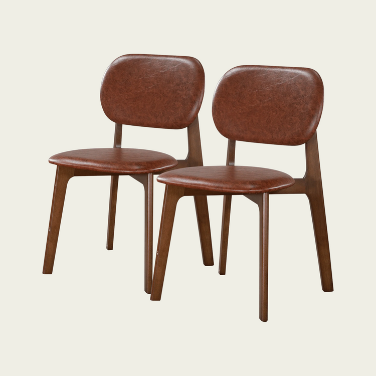 Set of 2 mid century modern open back chairs| Brown wood frame| brown leather back & seat cushions