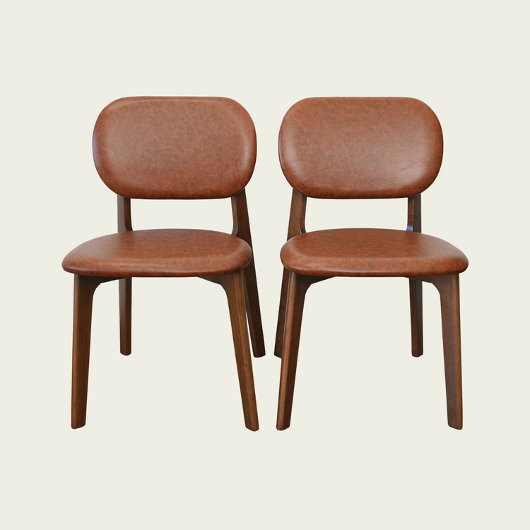 Set of 2 mid century modern open back chairs| Brown wood frame| brown leather back & seat cushions