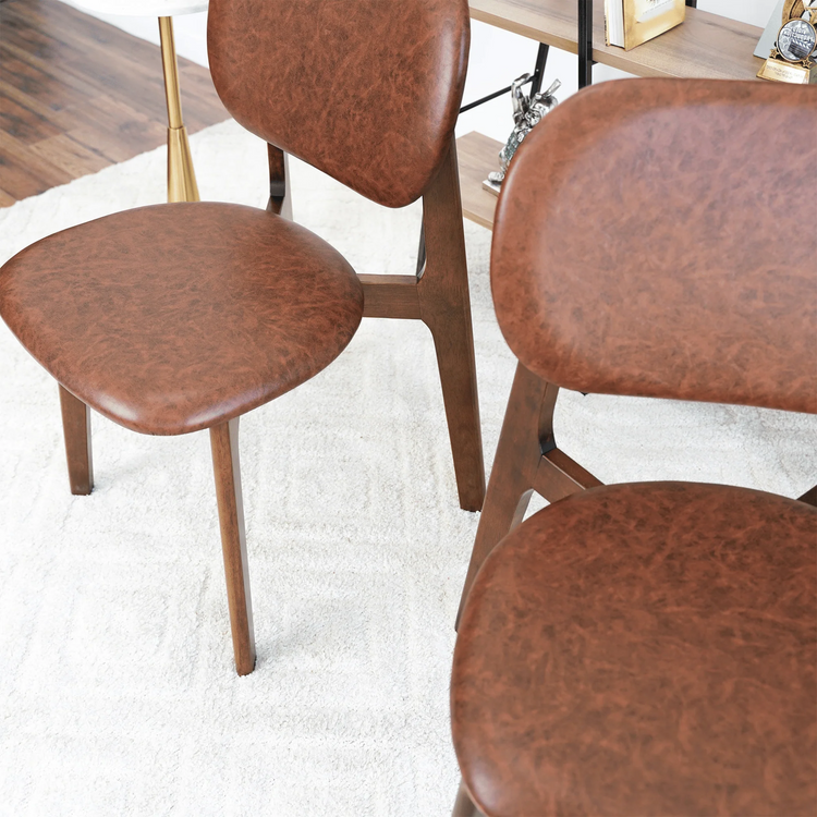 Set of 2 mid century modern open back chairs| Brown wood frame| brown leather back & seat cushions