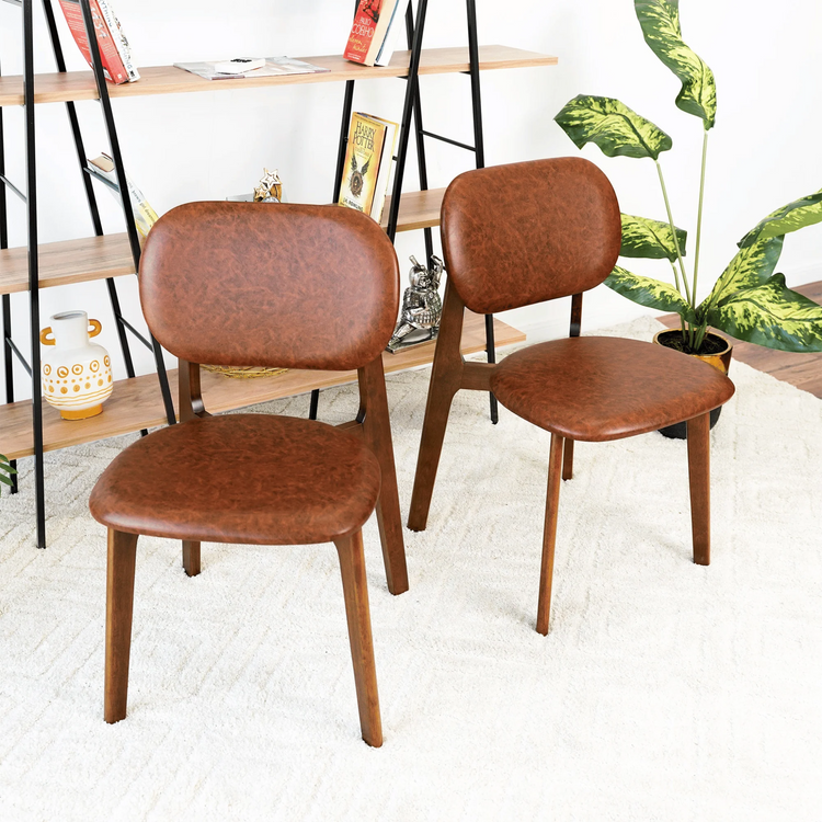 Set of 2 mid century modern open back chairs| Brown wood frame| brown leather back & seat cushions