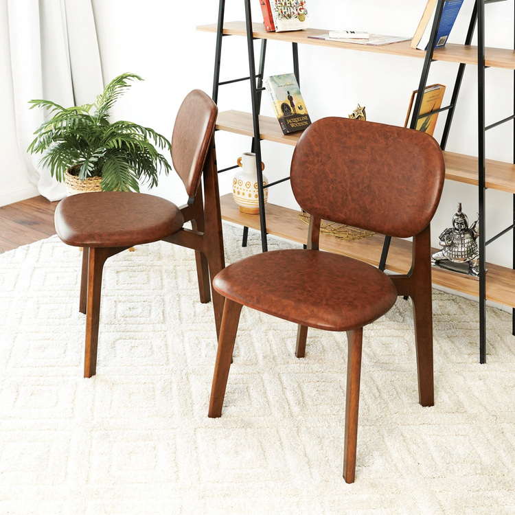 Set of 2 mid century modern open back chairs| Brown wood frame| brown leather back & seat cushions 22