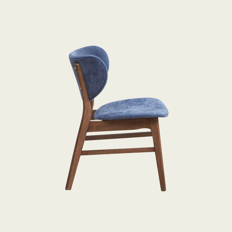 Set of 2 mid century wallnut wood chairs | Curved blue padded seat and backrest