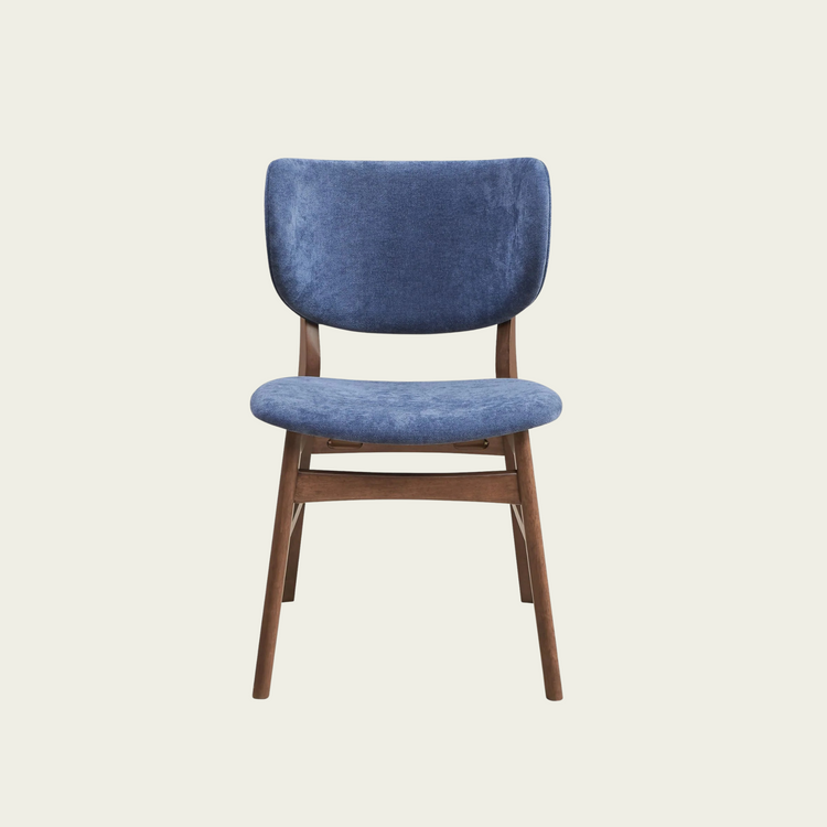 Set of 2 mid century wallnut wood chairs | Curved blue padded seat and backrest