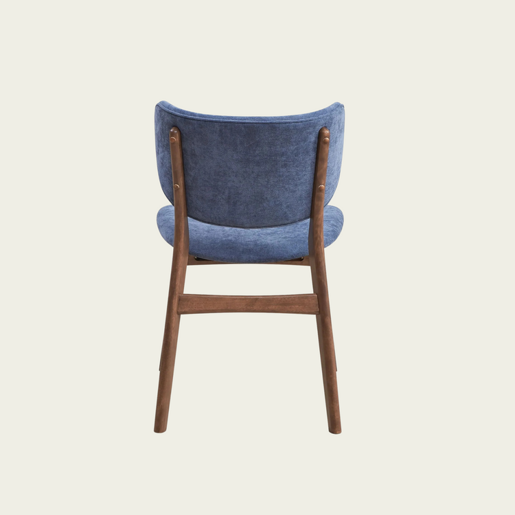 Set of 2 mid century wallnut wood chairs | Curved blue padded seat and backrest