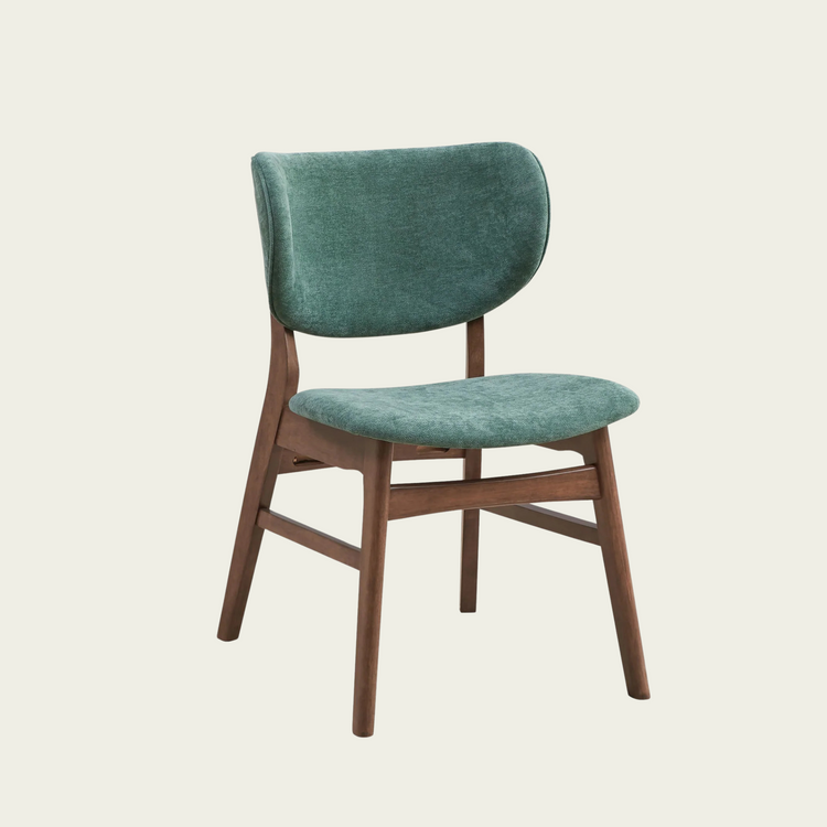 Set of 2 mid century wallnut wood chairs|Curved padded seat and backrest|Emerald green velvet fabric