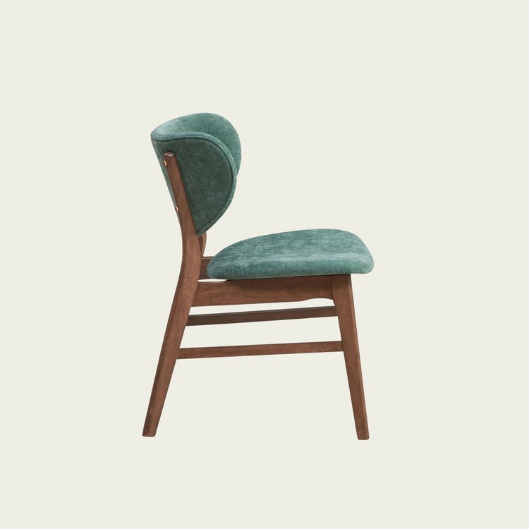 Set of 2 mid century wallnut wood chairs|Curved padded seat and backrest|Emerald green velvet fabric