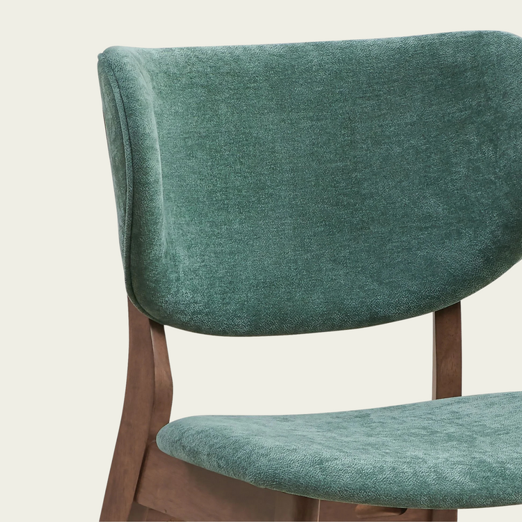 Set of 2 mid century wallnut wood chairs|Curved padded seat and backrest|Emerald green velvet fabric