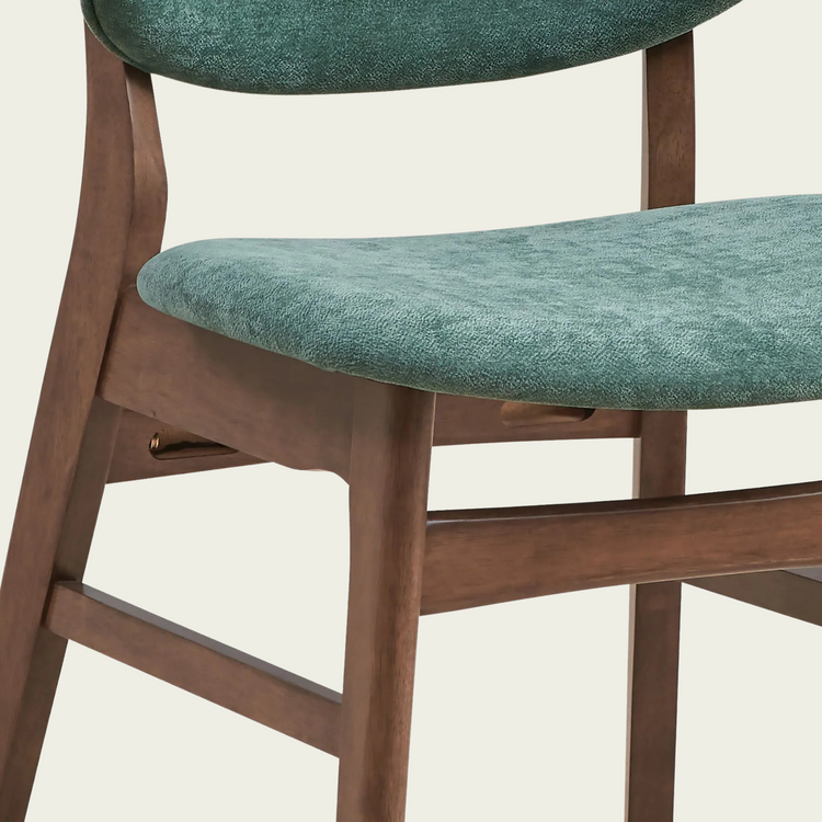 Set of 2 mid century wallnut wood chairs|Curved padded seat and backrest|Emerald green velvet fabric
