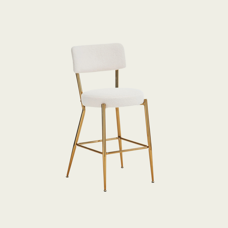 Set of 2 modern teddy fabric upholstered bar stools - Metal base high stool - Suitable for kitchen, dining and living room - Beige - Stylish and comfortable island seating