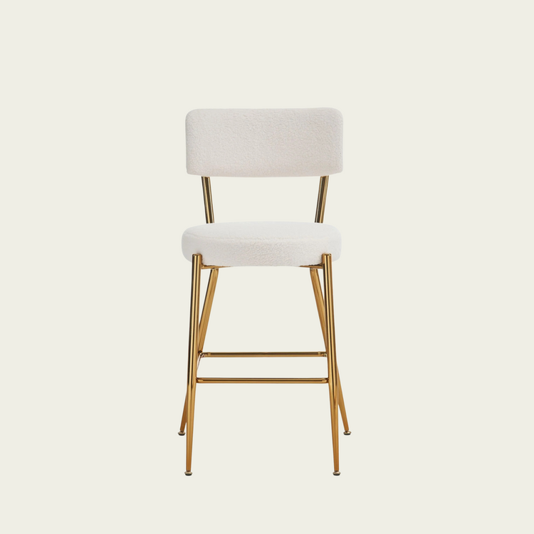 Set of 2 modern teddy fabric upholstered bar stools - Metal base high stool - Suitable for kitchen, dining and living room - Beige - Stylish and comfortable island seating