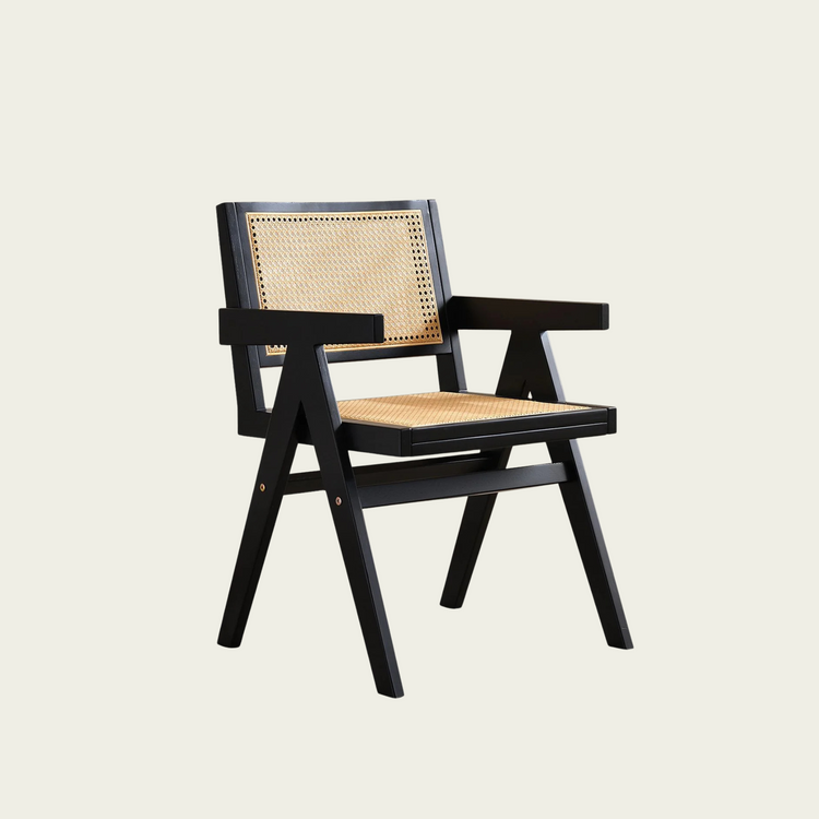 Set of 2 vintage black wood armchairs | rattan seat and back cushions 00