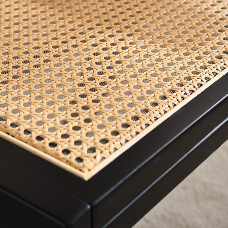 Set of 2 vintage black wood armchairs | rattan seat and back cushions 10