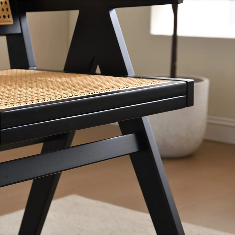 Set of 2 vintage black wood armchairs | rattan seat and back cushions 11