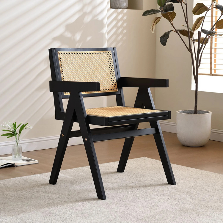 Set of 2 vintage black wood armchairs | rattan seat and back cushions 12