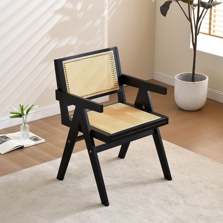 Set of 2 vintage black wood armchairs | rattan seat and back cushions 222
