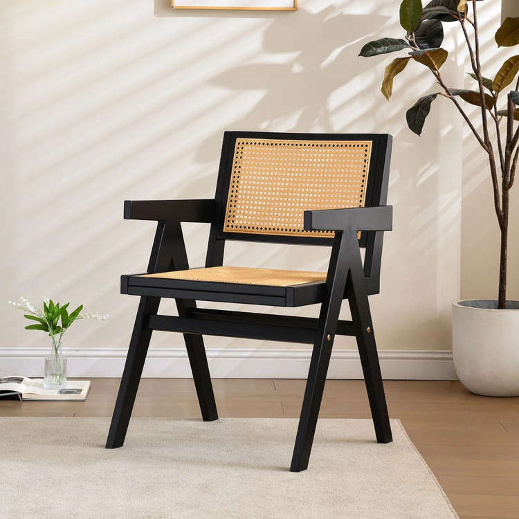 Set of 2 vintage black wood armchairs | Vintage black wood armchair | rattan seat and back cushion