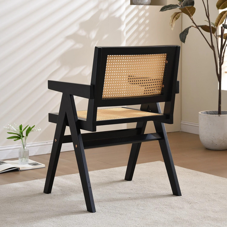 Set of 2 vintage black wood armchairs | rattan seat and back cushions 666