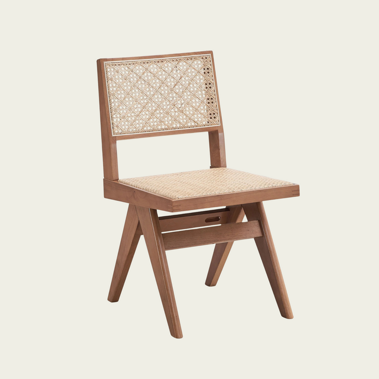 Set of 2 vintage wood chairs | rattan seat and back cushions 00