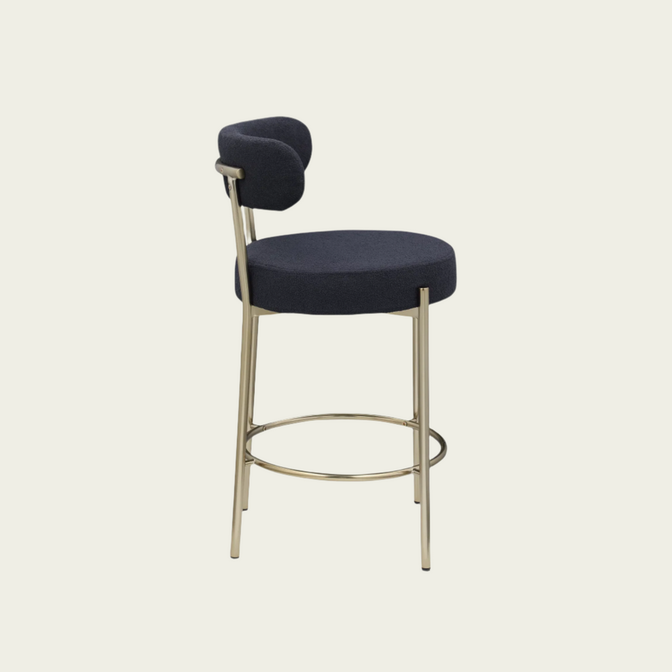 Woker Furniture Modern Sherpa Counter Height Stools Set of 2, Uphsoltered 26" Seat Height Barstools with Brushed Brass Metal Legs Round Low Back Kitchen Stools with Footrest for Dining Room, Black