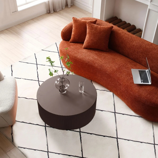 Artisanal Round MDF Coffee Table with Handcrafted Relief and Stunning Painting Finish, Brown