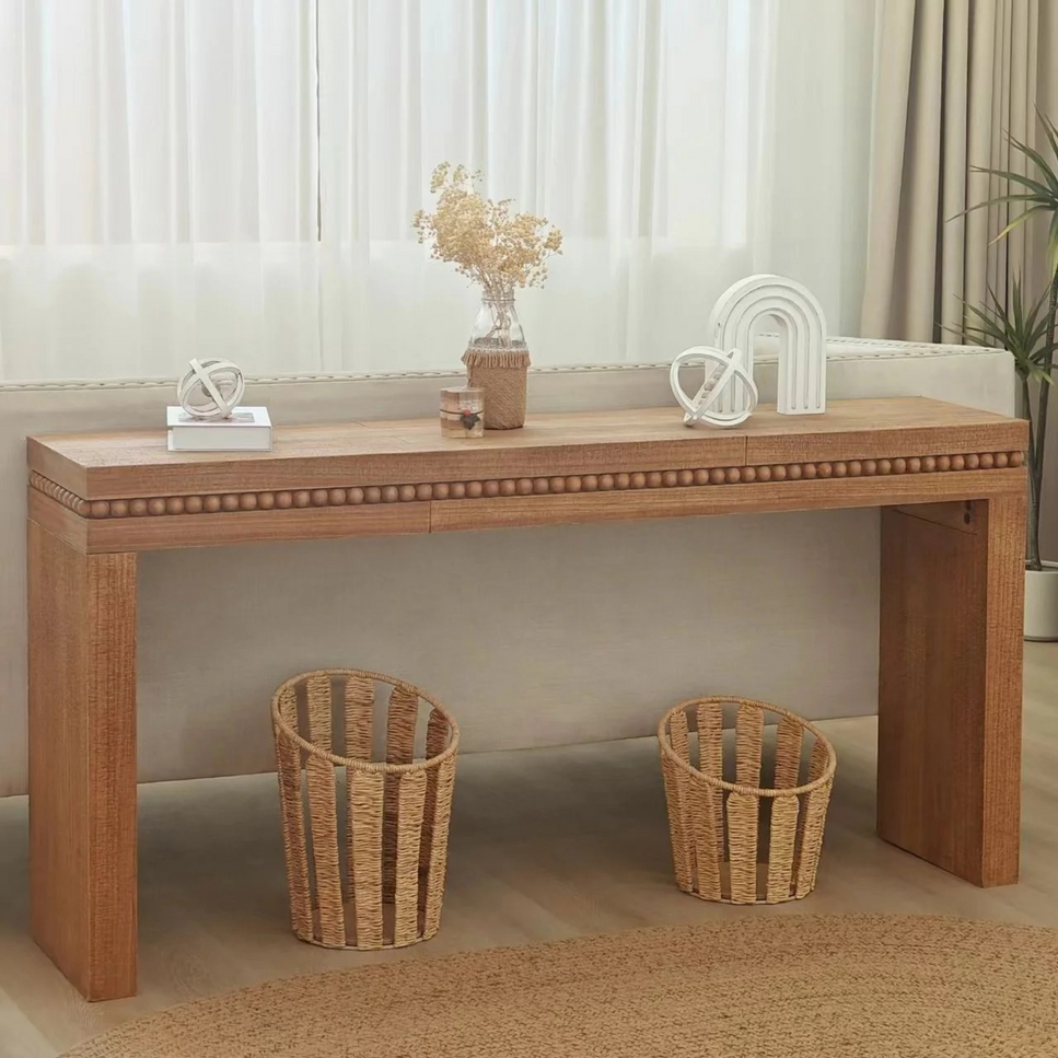 64in Rustic Wood Console Table – Elegant Entryway Table with Decorative Beaded Trim