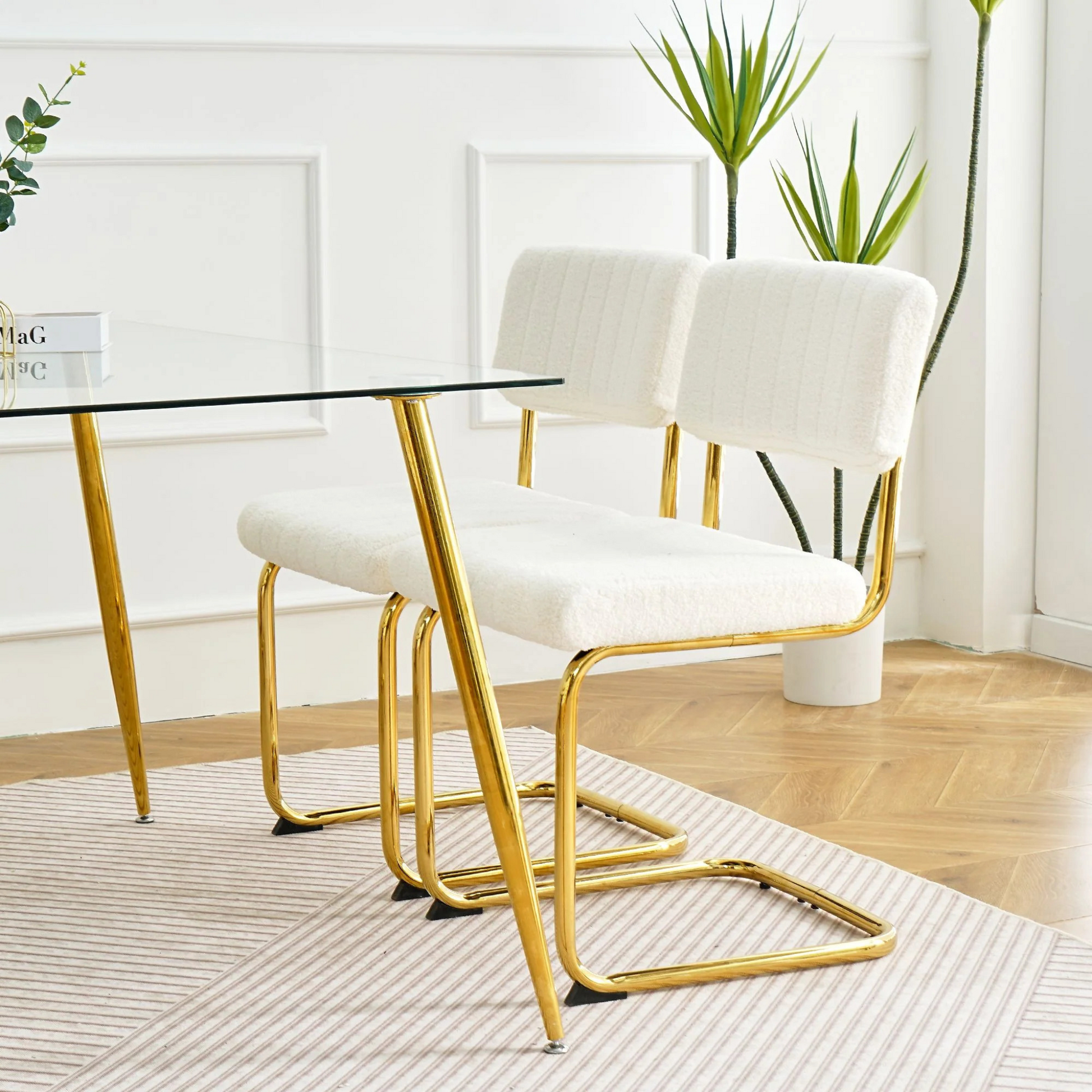 Modern simple light luxury dining White chair home bedroom stool back dressing chair student desk chair gold metal legs(set of 2)