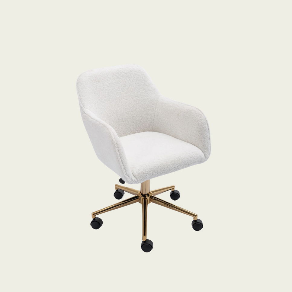 Modern Teddy Fabric Material Adjustable Height 360 Revolving Home Office Chair With Gold Metal Legs And Universal Wheel For Indoor,White