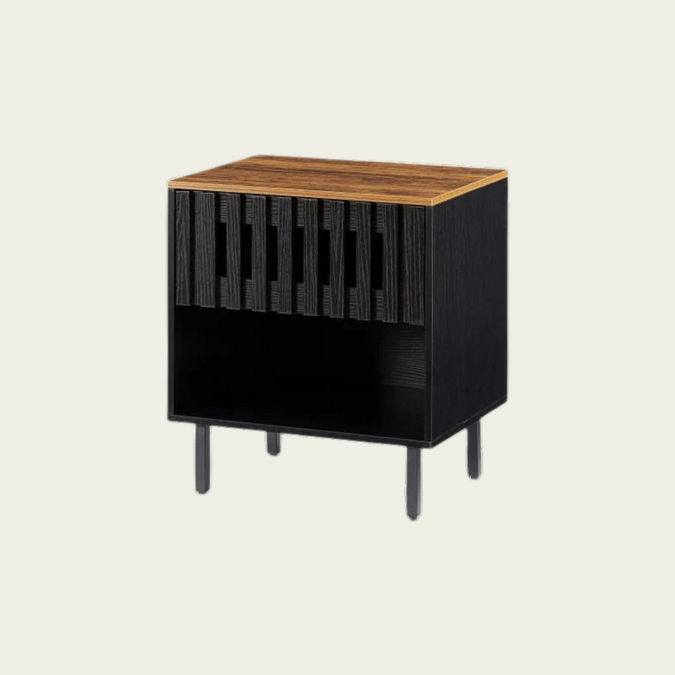 2 Set Nightstands with Grille Striped Doors, Mid Century Modern Nightstand, Bedside Table with Slatted Drawer Decor, End Tables Bedroom with Metal Legs, Night Stand for Bedroom