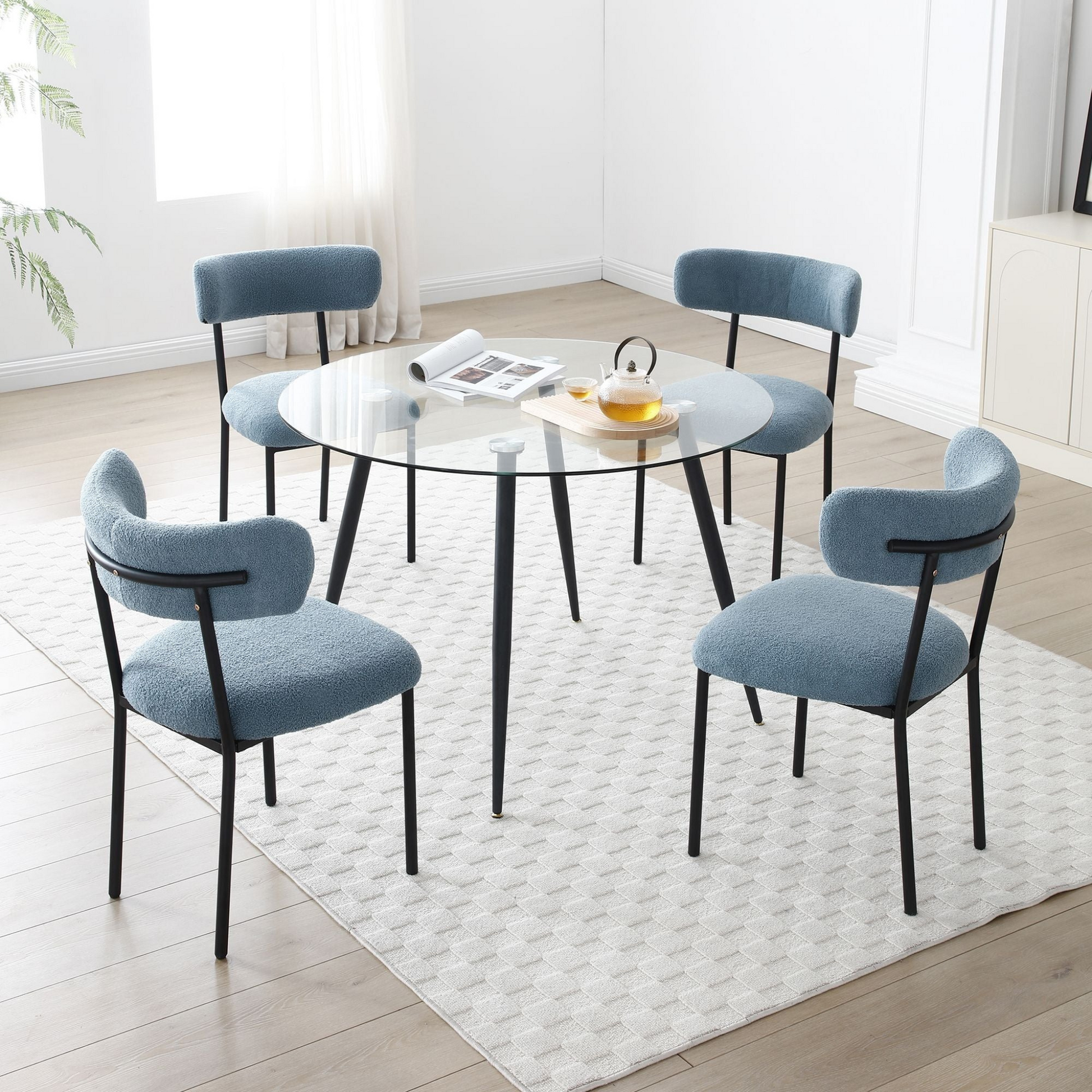Dining Chairs Set of 2,Round Upholstered Sherpa Fabric Dining Room Chairs with Curved Backrest,Mid-Century Modern Accent Chairs with Black Metal Legs for Dining Room,Living Room,Kitchen