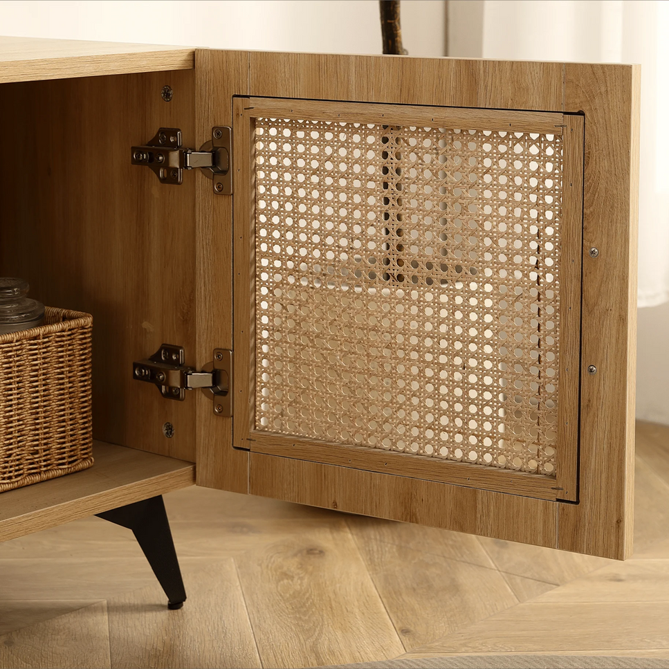 Oak TV Rattan Storage Cabinet Net - Perfect for Family Entertainment Room 51.2inch