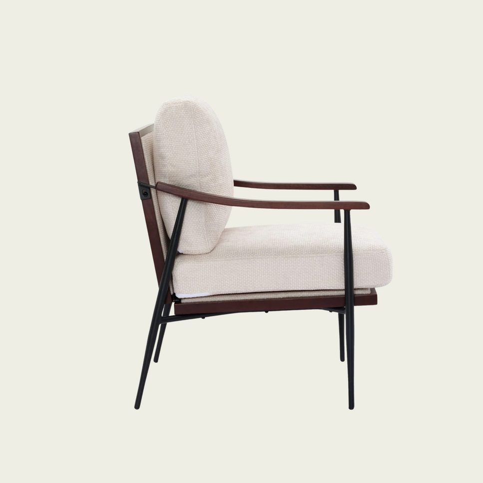 Modern Accent Chair, Mid Century Modern Accent Chairs, Linen Fabric Arm Chair with Wood Armrests, Upholstered Leisure Chair for Living Room, Bedroom, Reception Room, White