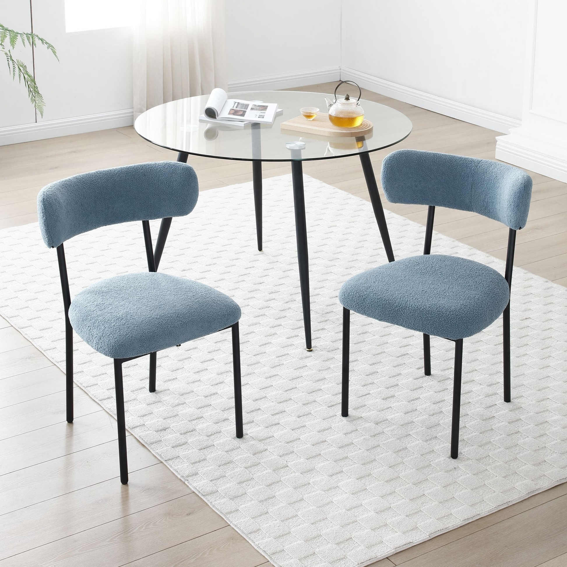 Dining Chairs Set of 2,Round Upholstered Sherpa Fabric Dining Room Chairs with Curved Backrest,Mid-Century Modern Accent Chairs with Black Metal Legs for Dining Room,Living Room,Kitchen