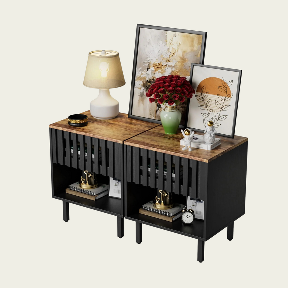 2 Set Nightstands with Grille Striped Doors, Mid Century Modern Nightstand, Bedside Table with Slatted Drawer Decor, End Tables Bedroom with Metal Legs, Night Stand for Bedroom
